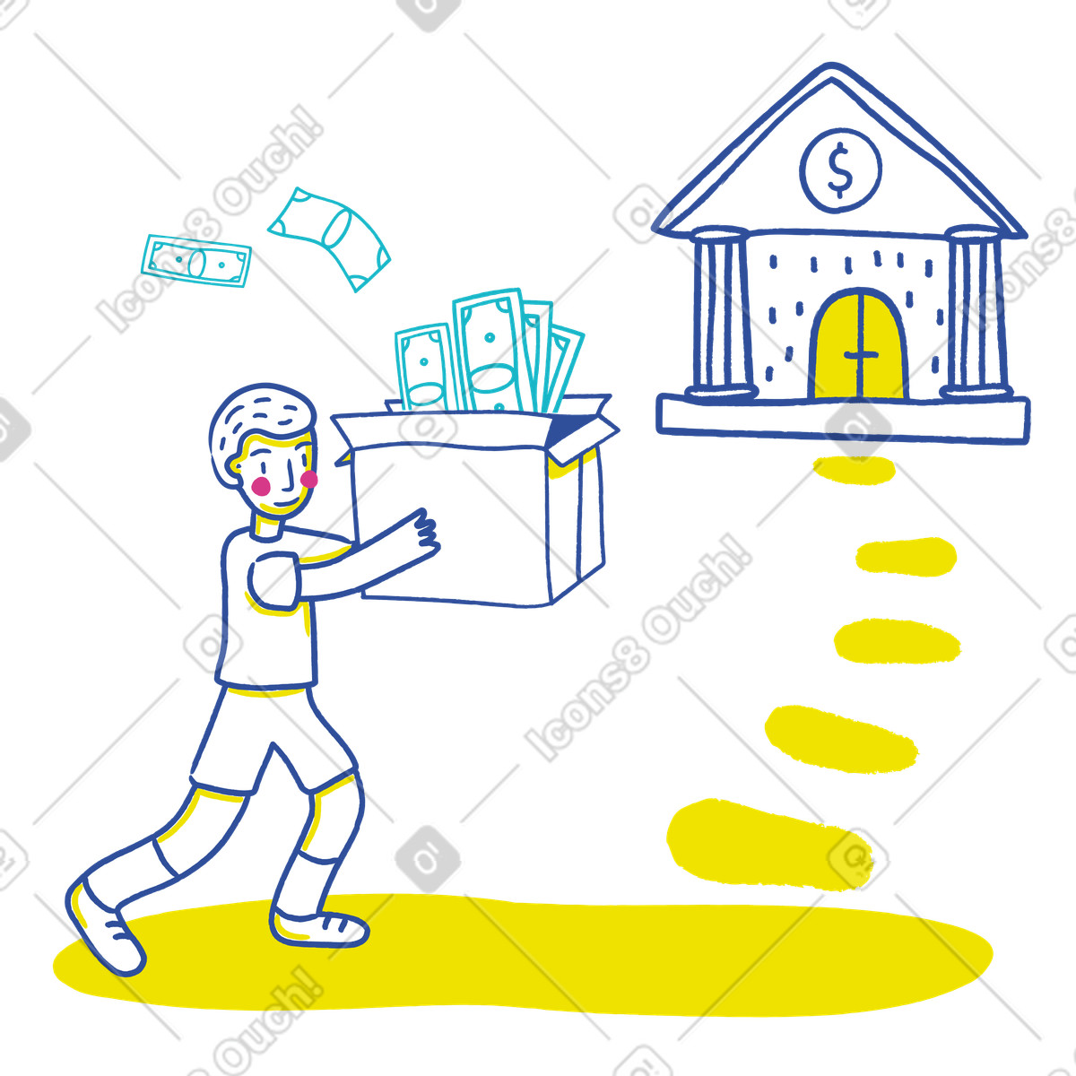 Boy carrying a box of currency notes to savings bank illustration in Lime style download in PNG, SVG