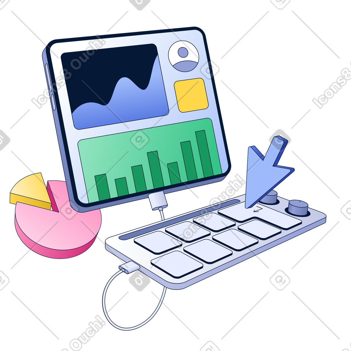 Analisi dei dati aziendali, monitoraggio kpi, dashboard analitica su tablet. illustrazione in stile Neat scarica in PNG, SVG