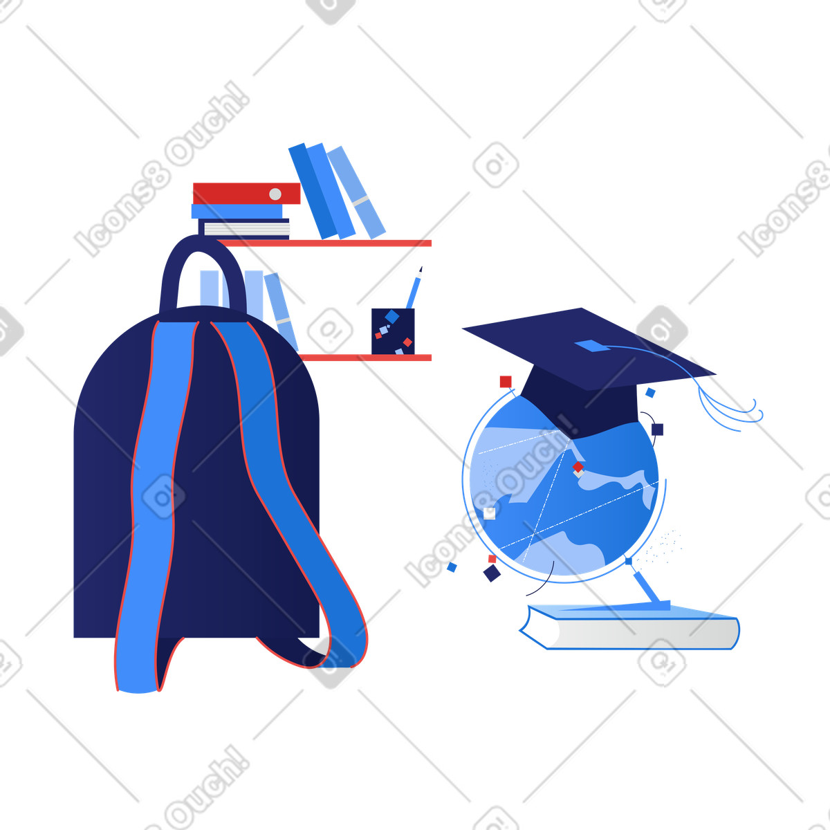 Clip スタイルの Globe in a graduation hat next to backpack against the background of bookshelves のイラストをPNG、SVG形式でダウンロード