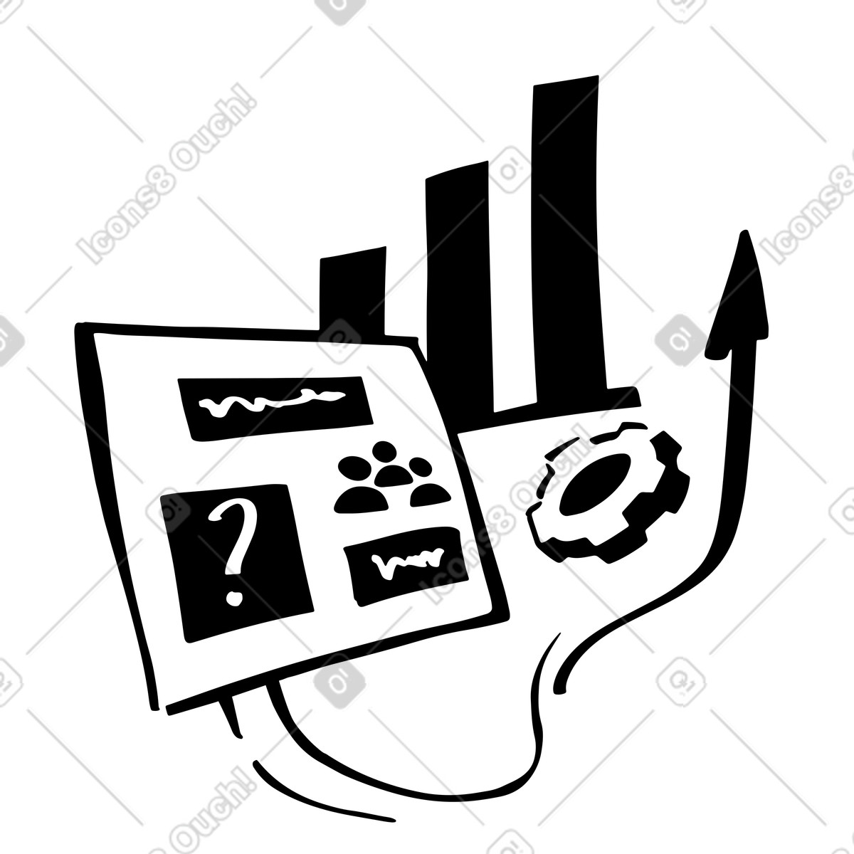 Ilustración Equipo discutiendo informes financieros y análisis de métricas desempeño empresarial. en estilo Line a descargar en PNG SVG