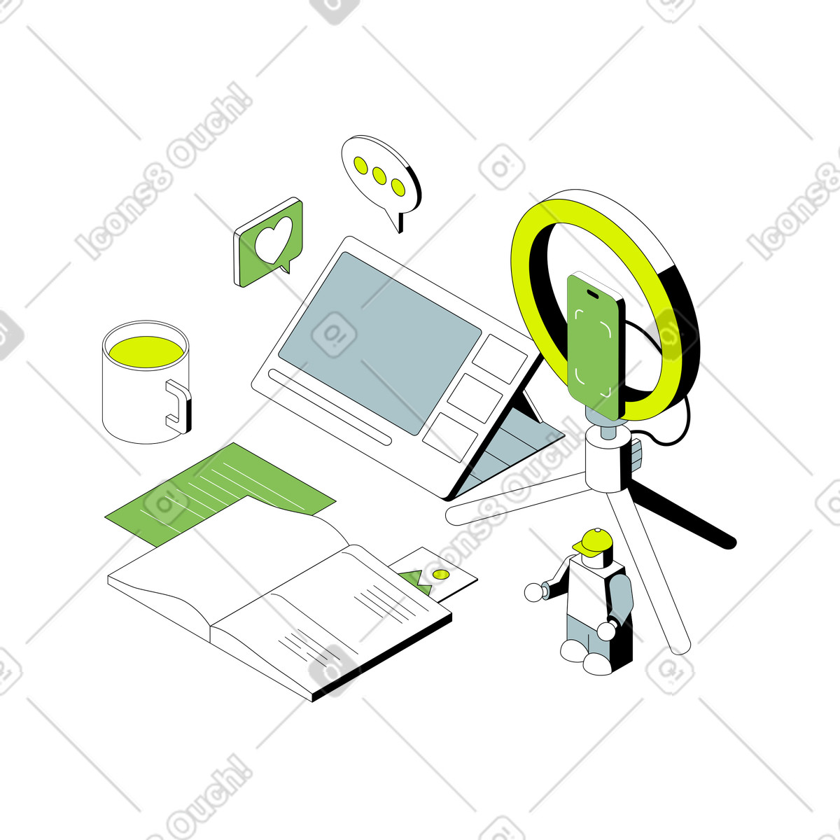 Ilustração de Tablet, telefone com ring light e notas para blogs em no estilo Isometric baixar em PNG, SVG