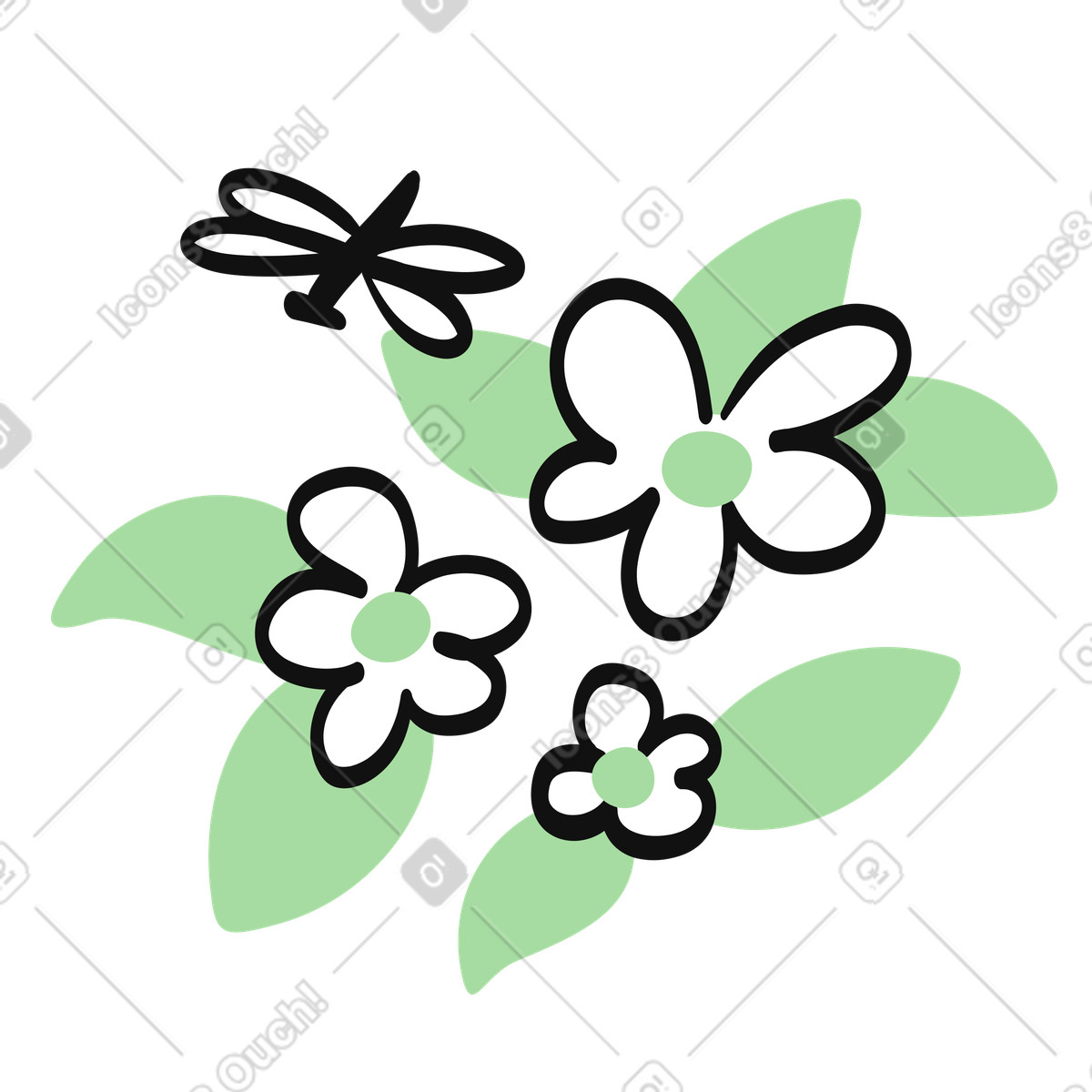 Ilustración Nature floral arrangement with dragonfly flying around green leaves cluster en estilo Organic a descargar en PNG y SVG