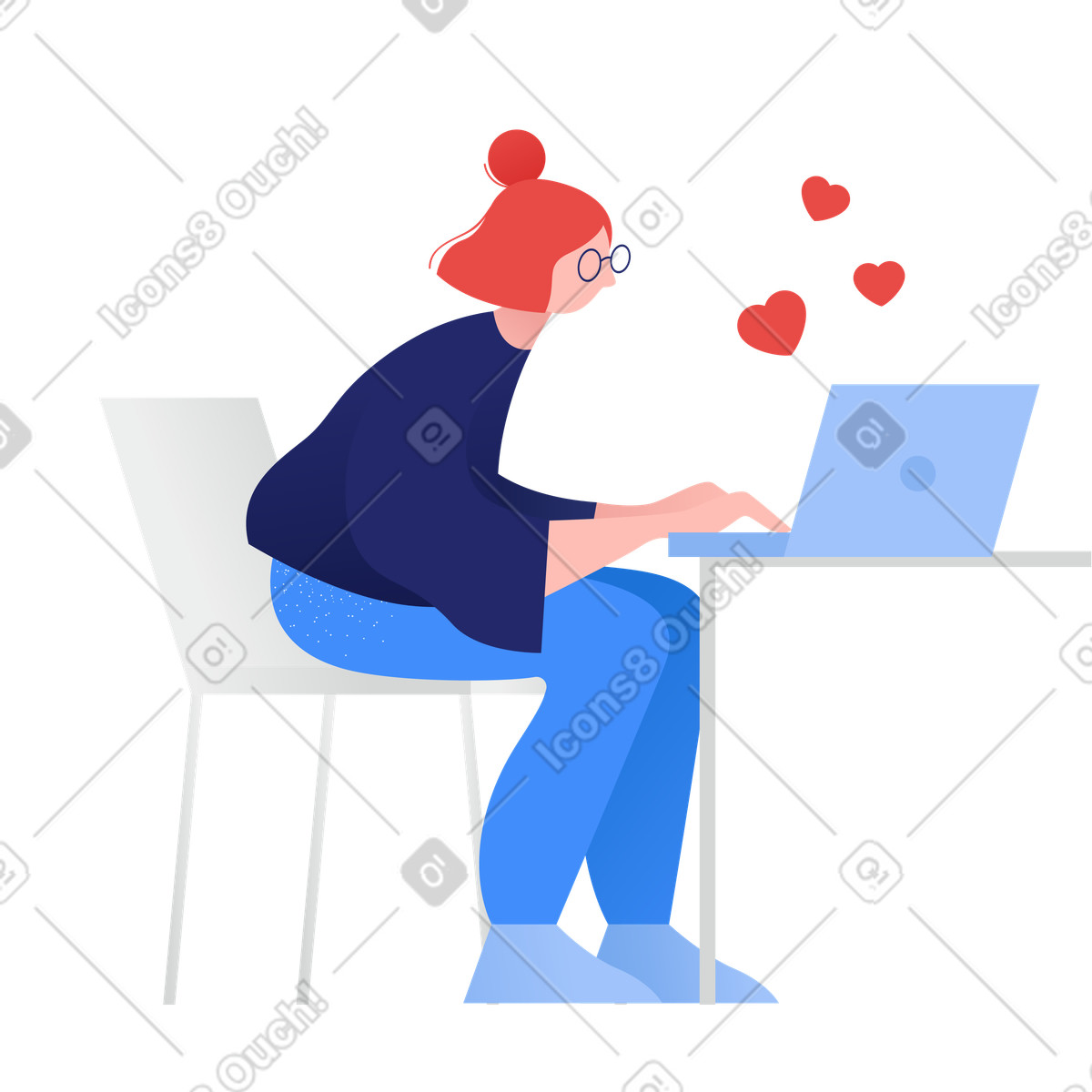 Woman in glasses with laptop thinking about love illustration Clip style download PNG, SVG