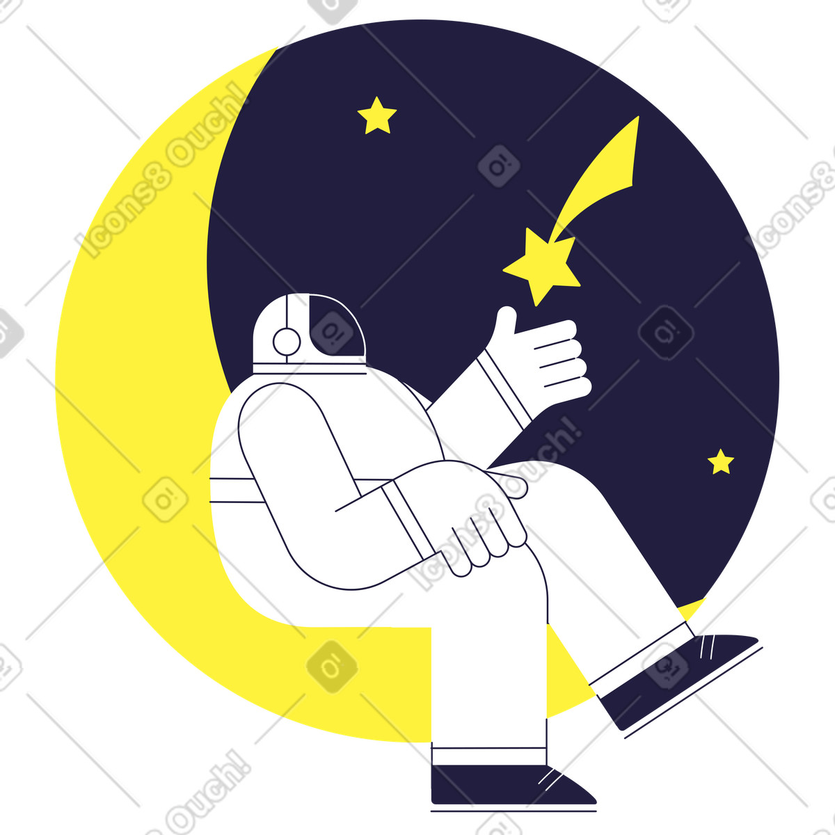 Astronaut sitting on crescent moon in starry sky illustration Mellow style download PNG, SVG