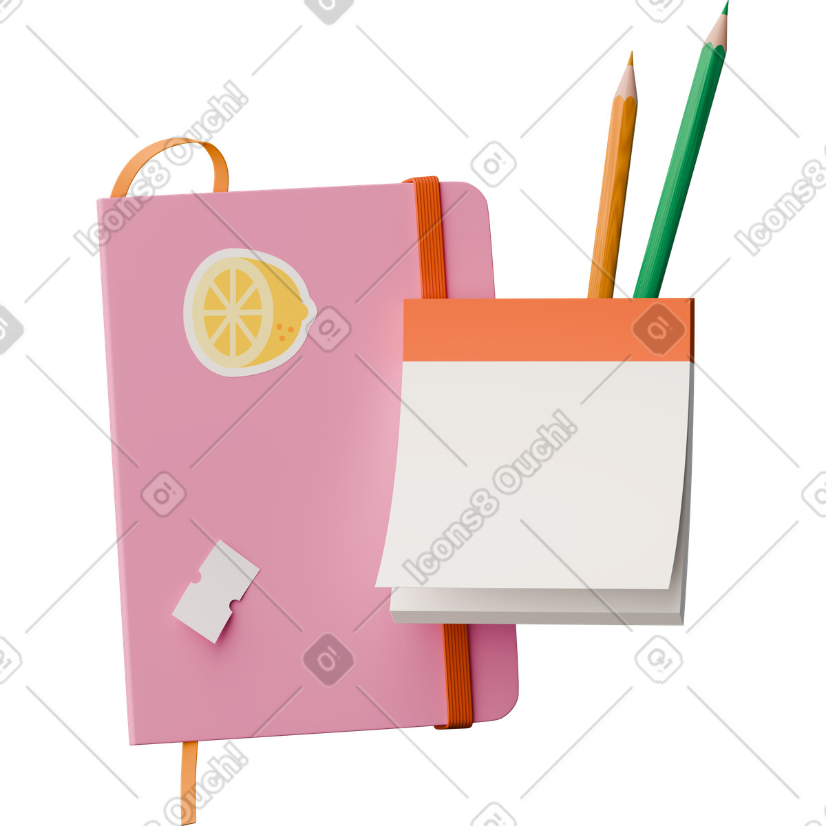 Illustration Notebook with stickers notes and pencils dans le style 3D Hygge à télécharger aux formats PNG, SVG