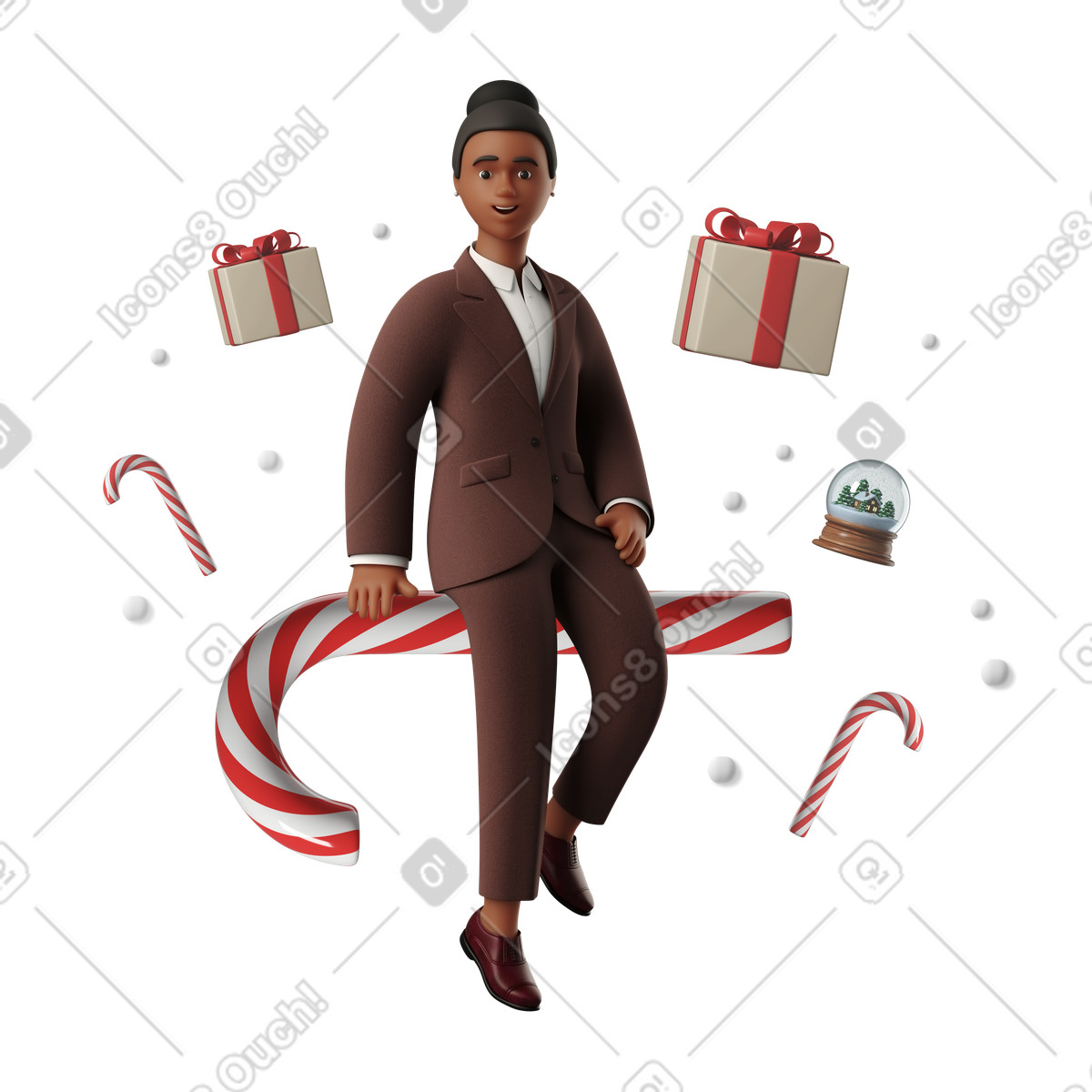 下载 3D Business 风格的 拿着圣诞糖果棒的女人被礼物包围 插画，支持 PNG、SVG 格式