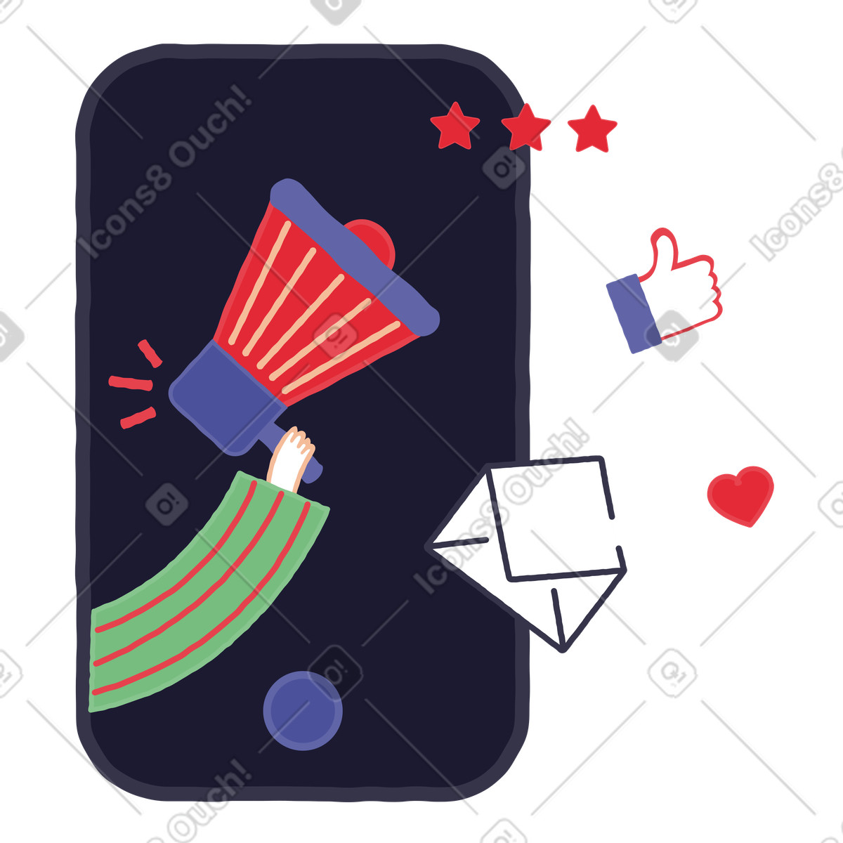 Ilustração de Mão segurando um alto-falante com mensagens e gosta voar em no estilo Stripy para baixar em PNG, SVG