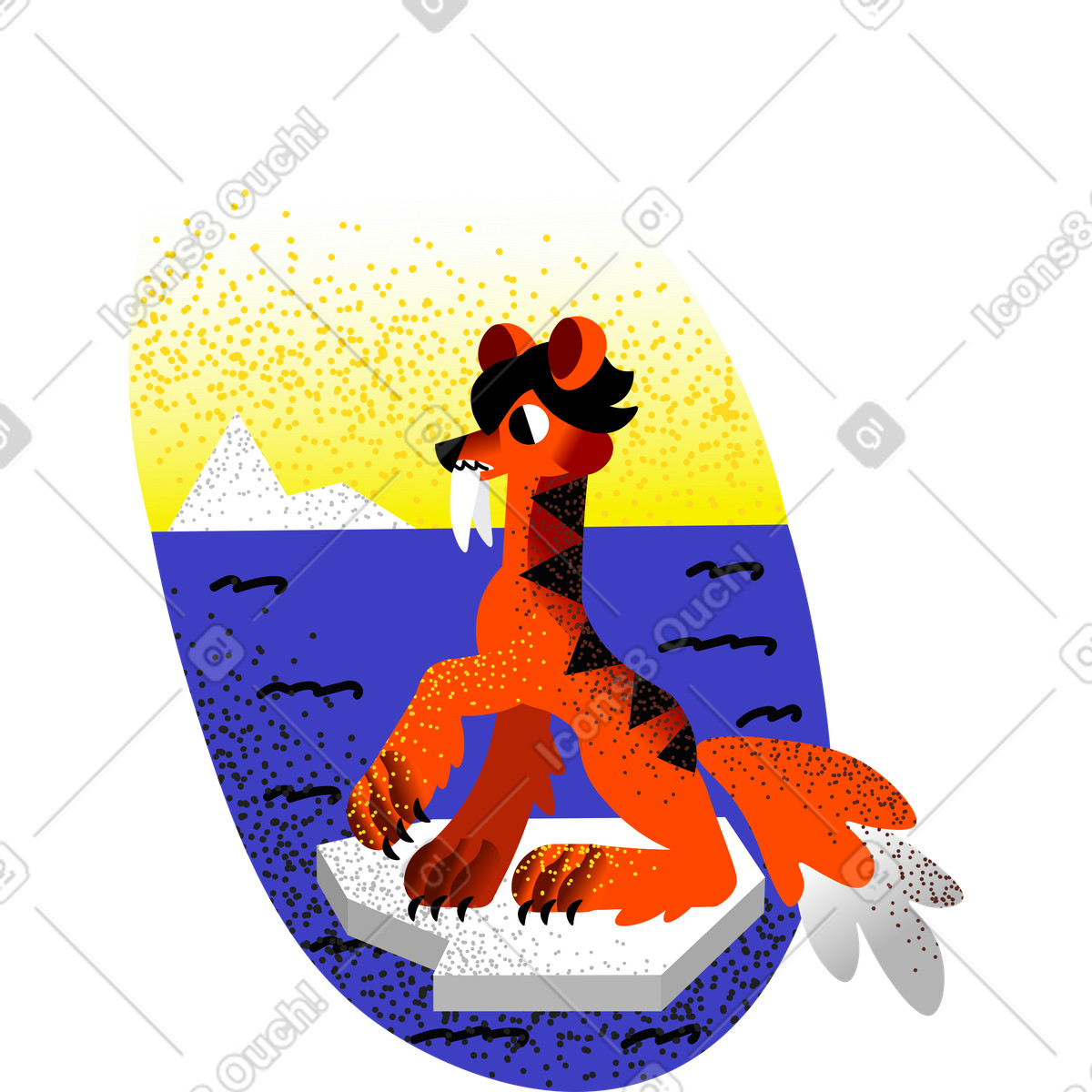 Illustration Sabertooth tiger on melting ice floe, Climate change awareness or no connection concept dans le style Fauna à télécharger aux formats PNG, SVG