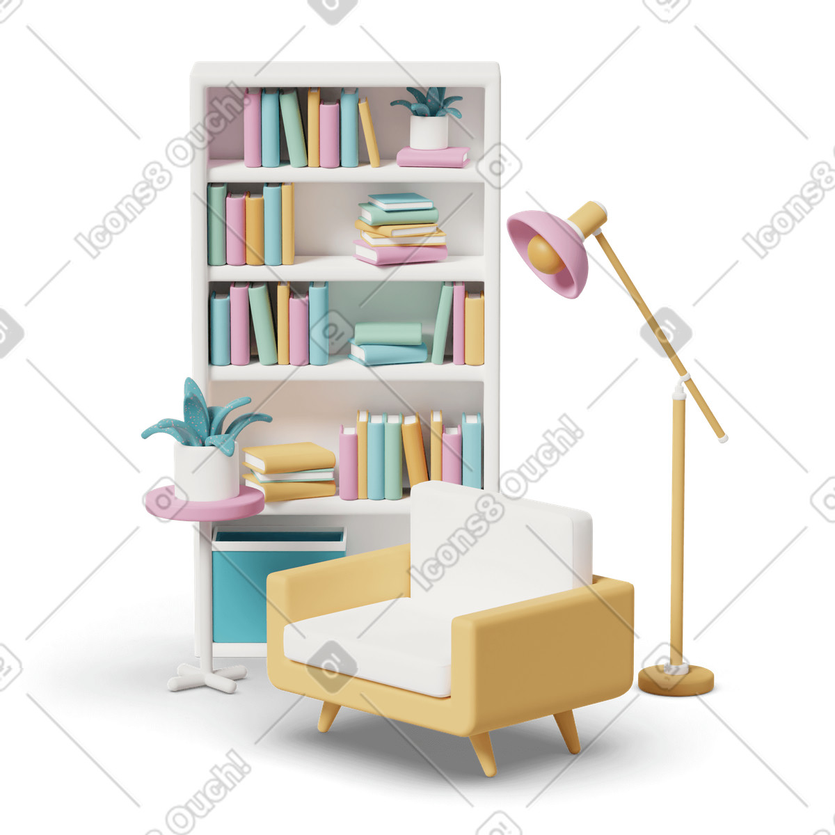 Interior set with armchair bookcase and floor lamp illustration in 3D Casual life style download in PNG, SVG