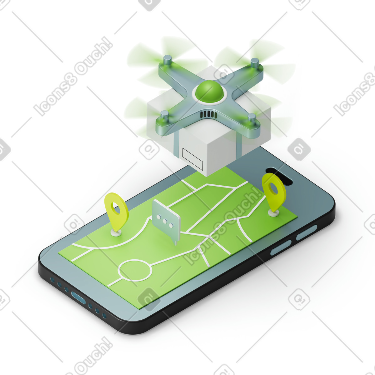 Ilustración animada Mini dron con paquete aterrizando en el mapa del teléfono inteligente estilo 3D Isometric a descargar GIF, Lottie (JSON), AE