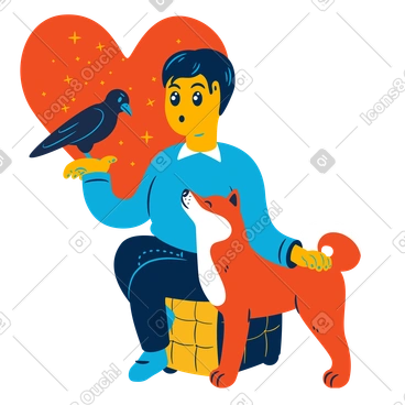 Man taking care of a raven and a dog PNG, SVG