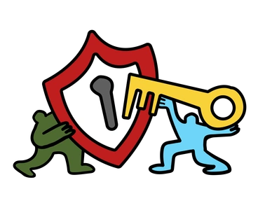 Two figures interacting with a large shield and key - Wiggle style illustration