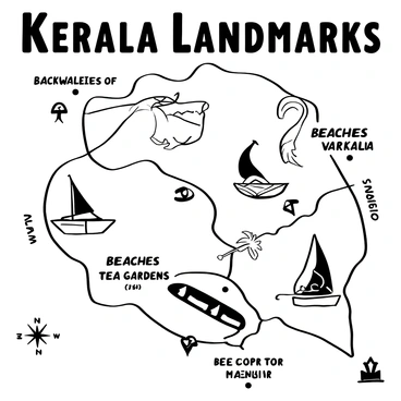 A detailed map with the title "Kerala Landmarks" prominently displayed at the top. The map features intricate illustrations of iconic landmarks such as the "Backwaters of Alleppey," the "Beaches of Varkala," and the "Tea Gardens of Munnar." Each landmark is marked with a distinct icon, including a houseboat for the backwaters, a palm tree for the beaches, and a tea leaf for the gardens. There are additional elements like a compass rose in one corner and decorative borders surrounding the map. Small arrows indicate the connections between the landmarks, and the overall layout is organized and informative.