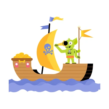A pirate gremlin at the helm of a tiny ship, looking through a telescope.