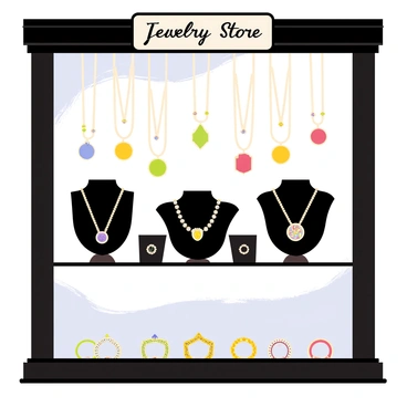 A jewelry store window featuring a dark wooden display case with a glass front. Inside the case, there are several dazzling necklaces hanging on black velvet stands, each adorned with sparkling gemstones in various colors. On the bottom shelf, a selection of rings is arranged, showcasing intricate designs with diamonds and colorful stones. The background includes soft lighting that highlights the brilliance of the jewelry, creating an eye-catching display. "Jewelry Store" is elegantly written on a sign at the top of the window.