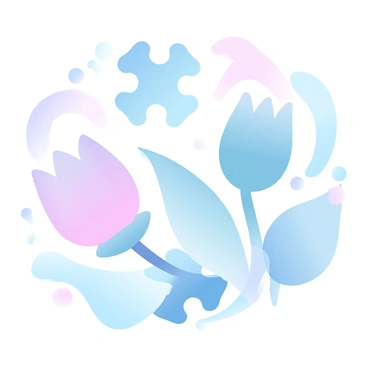 A whimsical design of multiple puzzle pieces, each piece uniquely shaped like different flower buds. The flower buds include a rosebud, a daisy bud, and a tulip bud, all intricately detailed with smooth edges. Each bud is represented in a variety of gradient pastel colors, blending softly into one another. The puzzle pieces fit snugly together, creating a harmonious arrangement that emphasizes the beauty of nature. Surrounding the puzzle pieces are gentle curves and shapes that mimic leaves and stems, enhancing the organic feel of the composition.