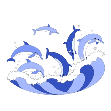 A group of dolphins is playfully leaping through the ocean waves. Each dolphin has a streamlined body, glistening skin, and a pronounced dorsal fin. Their bodies arch gracefully as they burst through the surface of the water, sending droplets flying in all directions. The ocean waves are dynamic, undulating with energy, creating foam at the crest. The dolphins appear to be communicating with each other, with some swimming in tandem and others performing acrobatic flips in the air. The scene conveys a sense of playful movement and interaction among the dolphins.