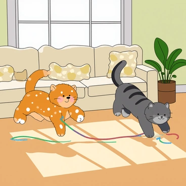 Two playful kittens with fluffy fur, one orange with white spots and the other gray with darker stripes, are energetically chasing a long, colorful string that trails across the wooden floor. Sunlight pours in through the large window, creating bright patches on the floor where the kittens leap and pounce. The living room is filled with soft, pastel-colored furniture, including a cozy couch adorned with patterned cushions. A potted green plant sits in the corner, adding a touch of nature to the scene. The kittens' expressions are full of excitement and curiosity as they dart around, their tails held high.