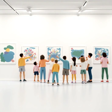 A spacious exhibition hall with bright white walls adorned with a variety of colorful artworks created by children. Some pieces feature vibrant drawings using crayons, while others showcase paintings with bold splashes of color. Children of different ages, wearing casual outfits in playful colors, are gathered in small groups, pointing at their favorite pieces and discussing the artwork with excitement. A few adults, including parents and teachers, stand nearby, admiring the creativity on display and providing encouragement. The atmosphere is lively, filled with laughter and chatter, creating a sense of pride among the young artists.