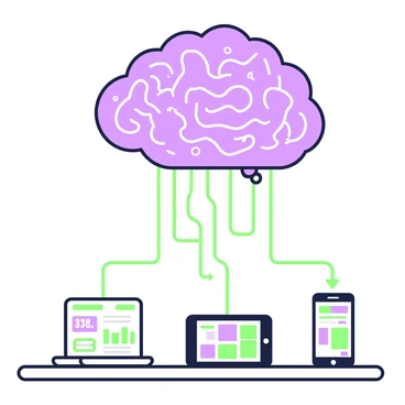 A cloud shaped like a brain with data streams leading to various devices