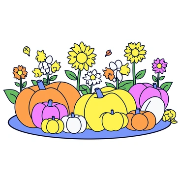 A garden filled with blooming chrysanthemums in a variety of colors, including yellow, pink, and white. Among the flowers, there are several pumpkins of different sizes, ranging from small, round ones to larger, oblong shapes. The scene is illuminated by golden fall light, casting warm tones over the garden. The background features a few scattered leaves that have turned to vibrant autumn colors.