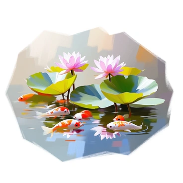 A tranquil lotus pond filled with large, round, green lily pads. Several lotus flowers are blooming above the surface, showcasing shades of pink and white petals. Beneath the water, colorful koi fish are swimming gracefully, their scales reflecting hues of orange, white, and black. The clear water of the pond allows for a view of the fish as they glide among the plants, creating a peaceful atmosphere. Gentle ripples in the water enhance the scene, adding to the natural beauty of the setting.