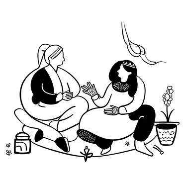 An artist with a focused expression is sitting cross-legged beside a bride, carefully applying "intricate henna designs" on her hands. The bride's hands are positioned on a decorative cloth, showcasing her delicate fingers. The henna artist is holding a cone filled with henna paste, poised above the bride's skin. Various henna patterns and motifs can be seen as the artist works, including floral and geometric shapes. There are small jars of henna and tools scattered around them. In the background, wedding decorations such as garlands and traditional fabrics can be faintly observed.