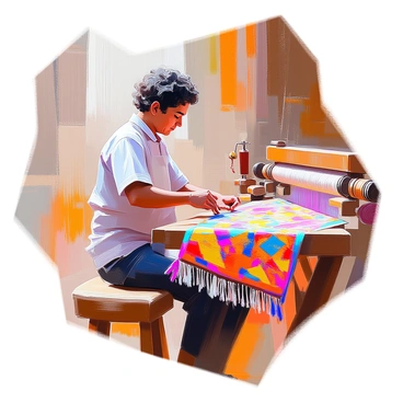 A skilled artisan with medium brown skin and dark curly hair is sitting on a wooden stool, weaving a vibrant Azerbaijani carpet. The artisan is focused on the intricate patterns and colors as they manipulate the loom. The carpet features a variety of rich colors including deep reds, bright yellows, and blues, showcasing traditional motifs. The background includes a glimpse of the workshop filled with tools and skeins of yarn, enhancing the artisan's craftsmanship. The light streams in, illuminating the vivid colors of the carpet and the artisan's concentrated expression.