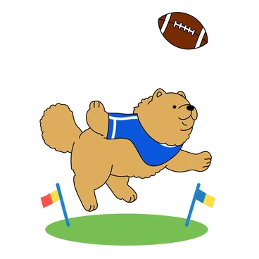 A fluffy chow chow with a thick mane of golden fur, wearing a tiny, vibrant blue jersey that fits snugly around its round body. The dog has a focused expression, its black eyes squinting slightly as it leaps into the air with excitement. The football is suspended above, spinning slowly, just out of reach of the dog's outstretched paws. The background features a green grassy field, with a few colorful flags fluttering in the breeze, adding a playful atmosphere to the scene. The dog's fluffy tail wags energetically behind it, showcasing its playful spirit.
