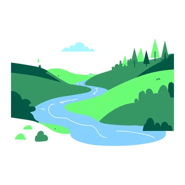 A duotone illustration features a tranquil valley with rolling green hills and a gentle river winding through the landscape. The river reflects the surroundings, creating a serene line that cuts through the valley. In the background, there are clusters of vibrant trees dotting the hillsides. Above, the sky is clear and expansive, showcasing a bright atmosphere without any clouds. The overall composition presents a harmonious landscape where nature thrives peacefully.
