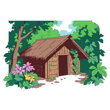 A rustic hut made of wooden logs with a thatched roof is nestled among the dense foliage of a tropical forest. Vines and large green leaves envelop the structure, creating a natural camouflage. Sunlight filters through the canopy, casting dappled light on the hut's weathered exterior. Nearby, colorful tropical flowers bloom, adding vibrant splashes of color to the scene. The ground is covered with a mix of earth and fallen leaves, blending seamlessly with the surrounding greenery.