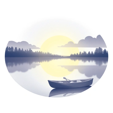 A sunset casts a warm glow over a calm lake. The water reflects the light, creating a mirrored effect. In the foreground, there is a small rowboat gently floating on the lake's surface. The boat appears empty, with oars resting inside. The shoreline is lined with silhouettes of trees, providing a natural frame to the composition. The sky is filled with distinct cloud formations, adding texture to the scene.