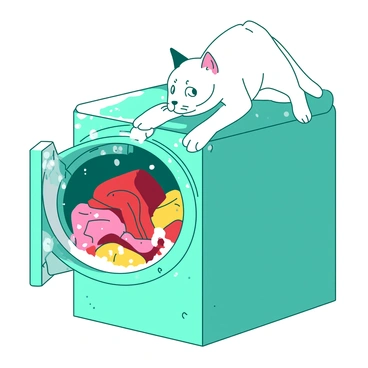 A teal washing machine is partially open, revealing a chaotic jumble of colorful clothes inside. The clothes are swirling in a damp, soapy mixture, with bright colors like red and yellow prominently displayed. A curious white cat is perched on the edge of the washing machine, leaning forward to peek inside. The cat's ears are perked up, and its eyes are wide with curiosity, reflecting the swirling colors of the garments. The scene captures a playful moment, with water droplets glistening around the washing machine.