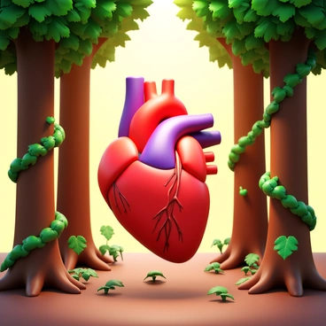A 3D human heart with detailed anatomy and realistic textures. The heart is surrounded by tall trees with thick trunks and lush green foliage. Sunlight filters through the canopy, creating dappled light on the heart. The forest floor is covered with rich, dark soil and scattered leaves. Vines and small plants frame the heart, enhancing the natural setting.