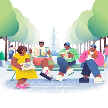 A group of four artists is gathered in a lively city square, all engaged in exchanging sketches and ideas. One artist, a woman with curly brown hair wearing a bright yellow dress, is holding a sketchbook filled with colorful drawings. Another artist, a man with glasses and a black beanie, is showing a charcoal sketch of a tall building. A third artist, a woman with short blue hair, is sitting on a bench, creating a watercolor painting with vibrant hues. The fourth artist, a man with a red scarf, is making notes on a tablet. Surrounding them are tall trees and bustling pedestrians, with a fountain in the background. Sunlight filters through the leaves, casting dappled shadows on the cobblestone pavement.