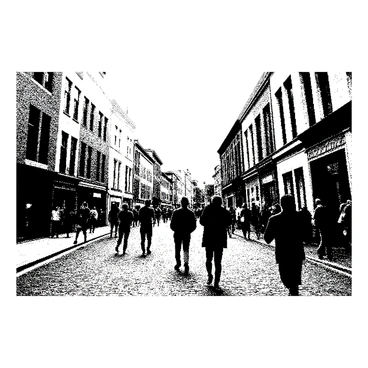 A street scene features several buildings with various architectural styles, each appearing at unusual, skewed angles. People are walking along the sidewalk, engaged in different activities such as talking and looking at their phones. The figures are depicted in a dynamic manner, with their postures creating a sense of movement. The ground is textured with detailed paving stones, adding depth to the scene. The sky is clear, providing a bright contrast to the scene below.