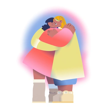 Two friends are standing closely together, embracing in a warm hug. They have medium skin tones, and one friend has short curly hair while the other has long straight hair tied back in a ponytail. Their bodies are surrounded by intertwining auras that are vibrant and colorful, radiating shades of blue, pink, and yellow. The auras create a dynamic visual effect, blending at the edges where they meet. Both friends are smiling softly, and the background is softly blurred to emphasize their connection.