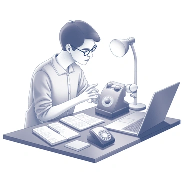 A person is sitting at a wooden desk, intently focused on a device that merges features from both old and new technology. The device includes a vintage rotary dial alongside a sleek touchscreen interface. The individual, a young adult wearing glasses, has one hand gesturing towards the screen while their other hand cradles the rotary dial. Items scattered on the desk include an open notebook filled with handwritten notes, a classic fountain pen, and a modern laptop, creating a contrast between the various technologies. A soft light from a nearby lamp casts shadows across the desk, enhancing the intricate details of the device.
