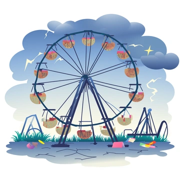 An abandoned amusement park features a large, broken Ferris wheel in the center. The Ferris wheel has rusted metal parts and several empty gondolas hanging awkwardly. Surrounding the Ferris wheel are overgrown weeds and cracked pavement, giving a sense of neglect. In the background, there are shadowy silhouettes of other amusement rides, such as a dilapidated roller coaster and a toppled carousel. Above, the sky is filled with dark, swirling storm clouds, casting an ominous atmosphere over the scene. Occasional flashes of lightning can be seen illuminating the park, adding to the dramatic effect. A few scattered pieces of colorful signage can be seen among the debris, hinting at the park's former vibrancy.