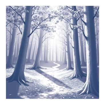 A dense forest filled with trees displaying a variety of leaf shapes and sizes. The ground is covered in a rich layer of fallen leaves. Sunlight filters through the branches, casting intricate shadows on the forest floor. The trunks of the trees are sturdy and textured, showcasing the natural patterns of bark. A narrow path weaves through the trees, inviting exploration into the heart of the forest.