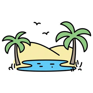 A small oasis surrounded by gently swaying palm trees, with lush greenery contrasting against the arid desert landscape. In the center, there is a clear pool of water reflecting the sky. The ground is sandy, with small patches of grass and wildflowers near the water's edge. In the background, there are distant sandy dunes under a bright blue sky. A few birds can be seen flying overhead, adding life to this tranquil scene. The oasis provides a sense of calm and refuge from the surrounding desert.