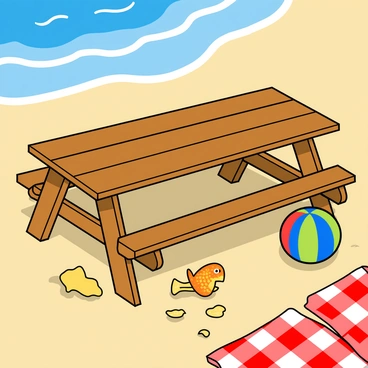 A cartoon-style illustration of a wooden picnic table set at the edge of a beach, surrounded by soft sand and gentle waves in the background. Under the table, a small, vibrant fish with bright orange and yellow scales is playfully nibbling on a crispy potato chip. The chip is slightly larger than the fish, resting on the ground with a few crumbs scattered around. Nearby, a colorful beach ball rests against a leg of the table, and a red and white checkered picnic blanket is partially visible. Sunlight casts cheerful shadows, adding to the playful atmosphere of the scene.