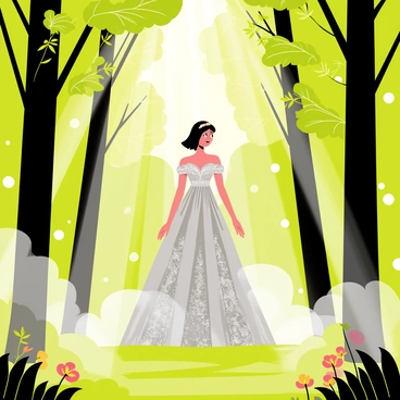 A forest glade filled with tall, lush green trees reaching towards the sky. In the center of the glade stands a woman wearing a "mystical ball gown" that flows elegantly around her. The gown has intricate patterns and shimmering fabric that catches the light. Light gray fog swirls around her feet, creating an enchanting atmosphere. Sunlight filters through the tree branches, casting dappled shadows on the ground. A few colorful wildflowers can be seen peeking through the foliage, adding a touch of color to the scene.