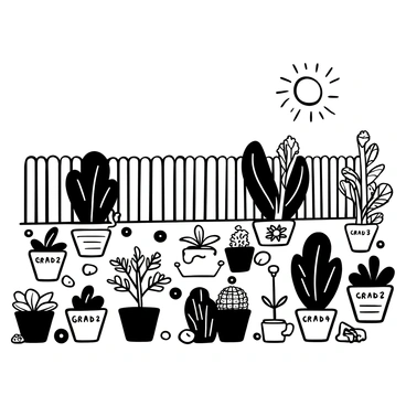 A school garden filled with various pots, each labeled with different grades such as "Grade 1", "Grade 2", "Grade 3", and so on. Each pot contains lush green plants of varying heights and sizes. Some pots are arranged in neat rows, while others are scattered throughout the garden. There are small gardening tools like a trowel and watering can placed nearby, and a wooden fence encircles the garden area. A sunny sky is visible above the garden, enhancing the vibrant growth of the plants.