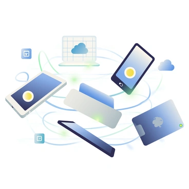A 3D illustration with multiple electronic devices such as smartphones, tablets, and laptops floating in a digital network. Each device is connected by bright, glowing lines that represent data flow. The background features a soft gradient, transitioning from deep blue to lighter shades, enhancing the sense of depth. The devices are varied in color, with some being silver, black, and white, while the glowing lines pulse gently. A few icons representing cloud storage and data transfer can be seen hovering amidst the devices, emphasizing the concept of digital connectivity.