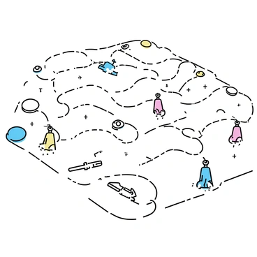 A board game layout featuring an intricate grid representing "interstellar trade routes." Various "starship pieces" in different colors are positioned on the board, moving along "cosmic pathways" that connect planets and trade hubs. The pathways are illustrated with wavy lines and dotted routes, showcasing the complexity of space travel. Small icons representing goods and resources are placed on different planets across the board. Each player controls a distinct starship, with unique designs and colors, navigating through this detailed cosmic landscape.