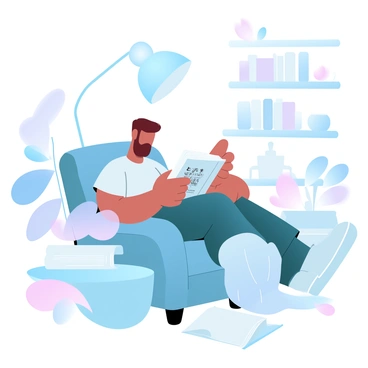 A person is sitting in a comfortable armchair, deeply engaged in reading a fashion illustration book. The room is dimly lit by a cozy lamp, which casts a warm glow over the pages of the book. The lamp has a soft, round shade that diffuses the light gently. The person is casually dressed, surrounded by a few open books and a stylish throw blanket draped over the armchair. A decorative plant is placed on a nearby table, adding a touch of greenery to the scene. The background features a softly lit shelf filled with more fashion books and various objects.