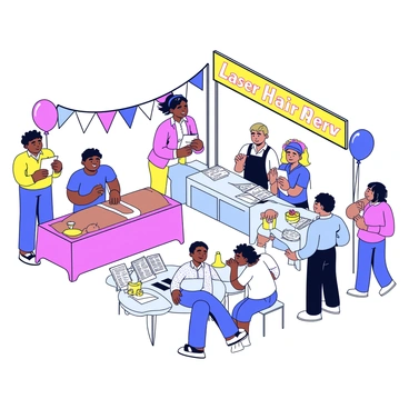 A community health event focused on "laser hair removal" is taking place outdoors. There are several booths, each decorated with bright banners featuring the text "Laser Hair Removal". In one booth, a practitioner is demonstrating the laser equipment on a model, showcasing how it works. Onlookers are gathered around, watching intently and taking notes. There are pamphlets and brochures available on tables, providing information about the hair removal process and benefits. Festive decorations such as balloons and streamers create a lively atmosphere. A small group of attendees can be seen engaging in a discussion about their experiences, while others sample refreshments from a nearby table.