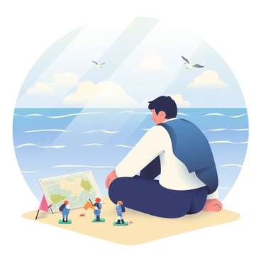 A young Napoleon with short dark hair is sitting on a sandy beach, gazing thoughtfully at a set of small toy soldiers arranged in front of him. He is wearing a simple white shirt and dark trousers, with a blue jacket draped over his shoulders. The sunlight reflects off the gentle waves of the sea in the background, creating a shimmering effect. Scattered around the toy soldiers are miniature flags and a small, detailed map. In the distance, a few seagulls are flying overhead, and the sky is a soft blue with fluffy white clouds.