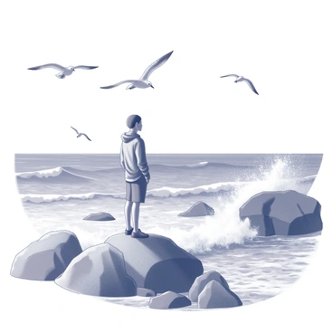 A person stands on a rocky coast, surrounded by jagged rocks and the splashing of waves. The individual is dressed in casual outdoor clothing and gazes out towards the horizon. Seagulls are flying overhead, their wings spread wide against the sky. The ocean waves are crashing against the rocks, sending sprays of water into the air. In the background, the turbulent sea blends seamlessly with the sky, creating a sense of vastness.